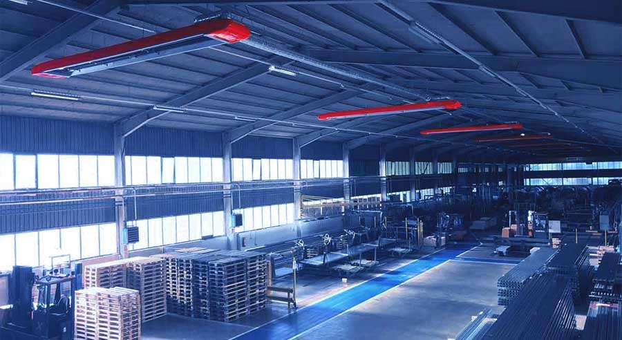 Industrial hall with lighting and machinery