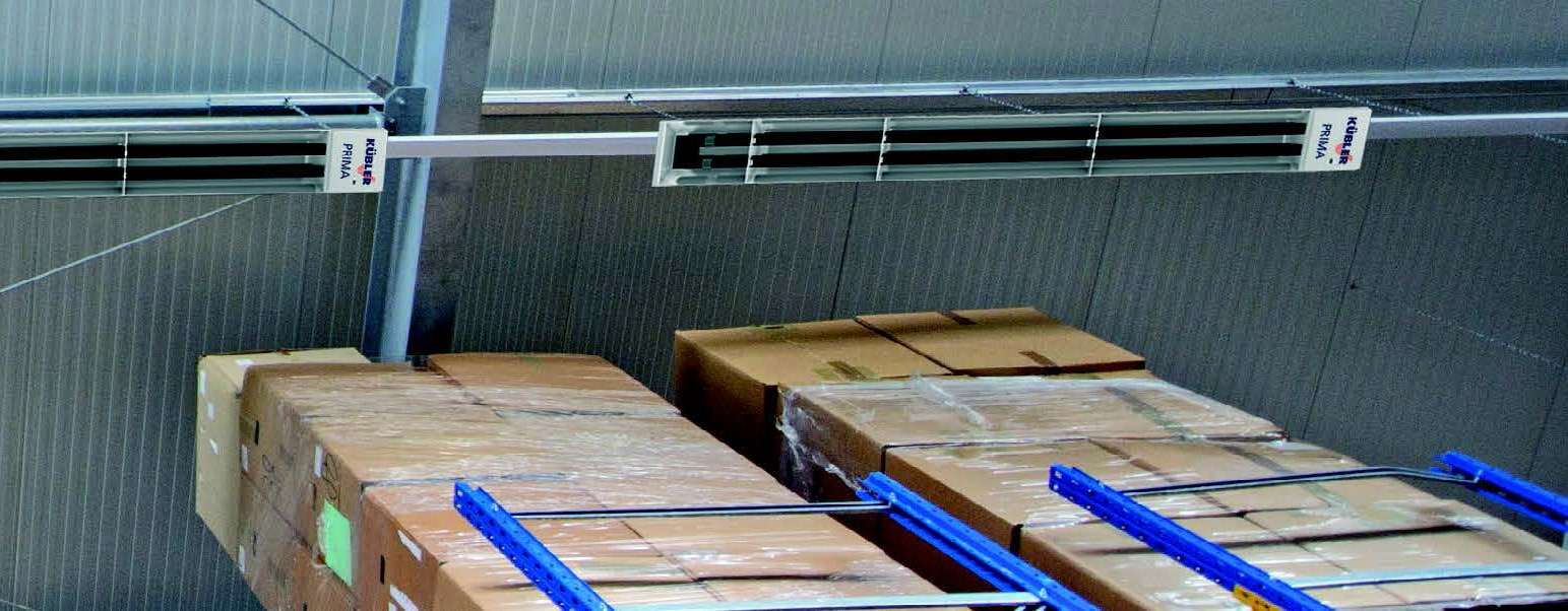 Warehouse with view upwards, equipped with PRIMA hall heating from KÜBLER