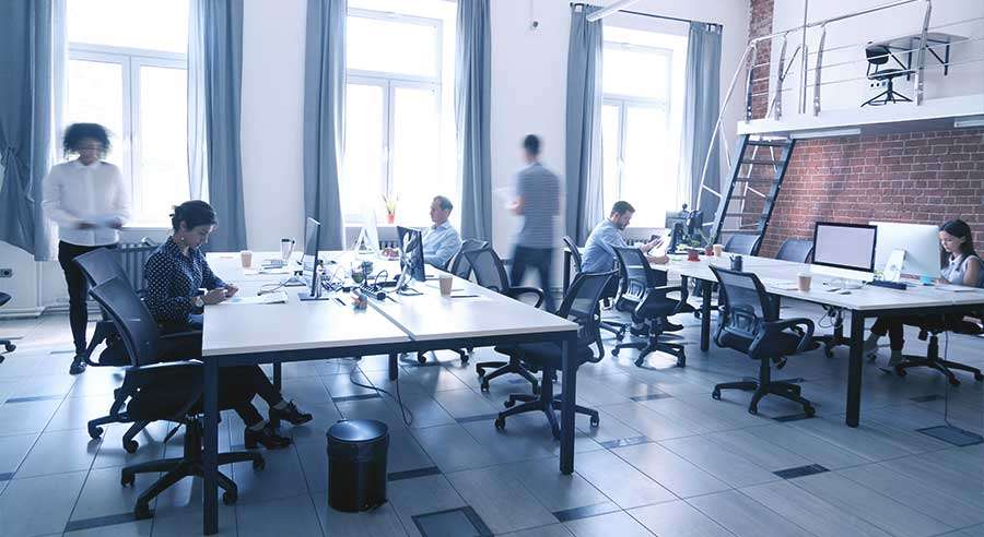 People work in a modern office.