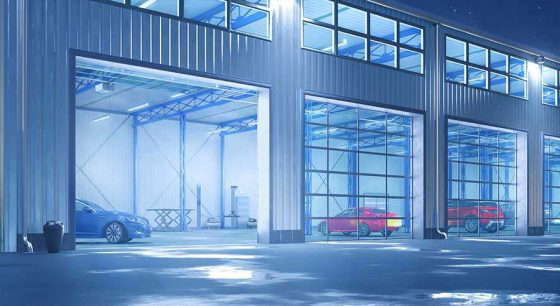 Autowerkstatt bei Nachtbeleuchtung.