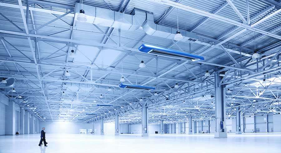 Modern industrial hall with one person