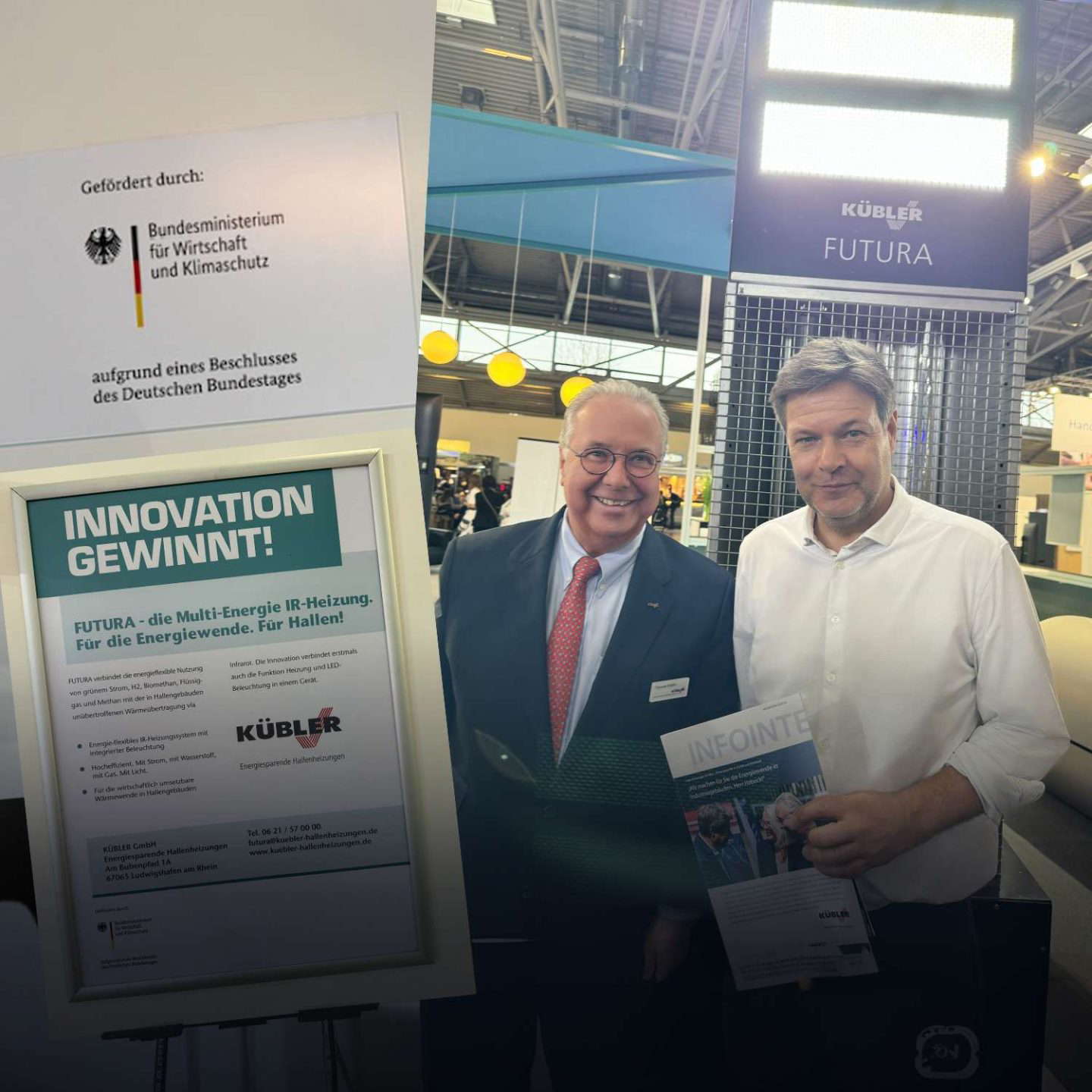 Kiállítási stand emberekkel és információs anyagokkal.