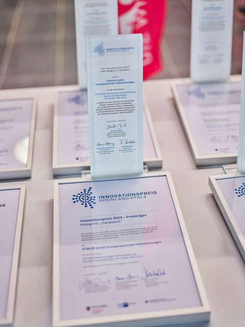 Innovation Award certificates lined up on a table.