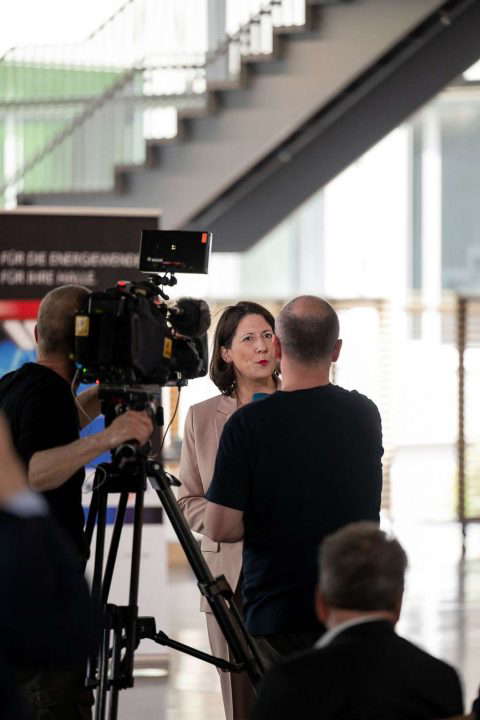Interview in a modern building.