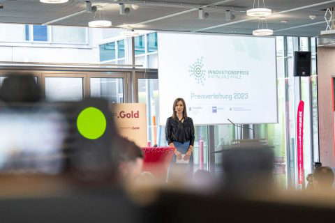 Award ceremony Event with speaker and audience.