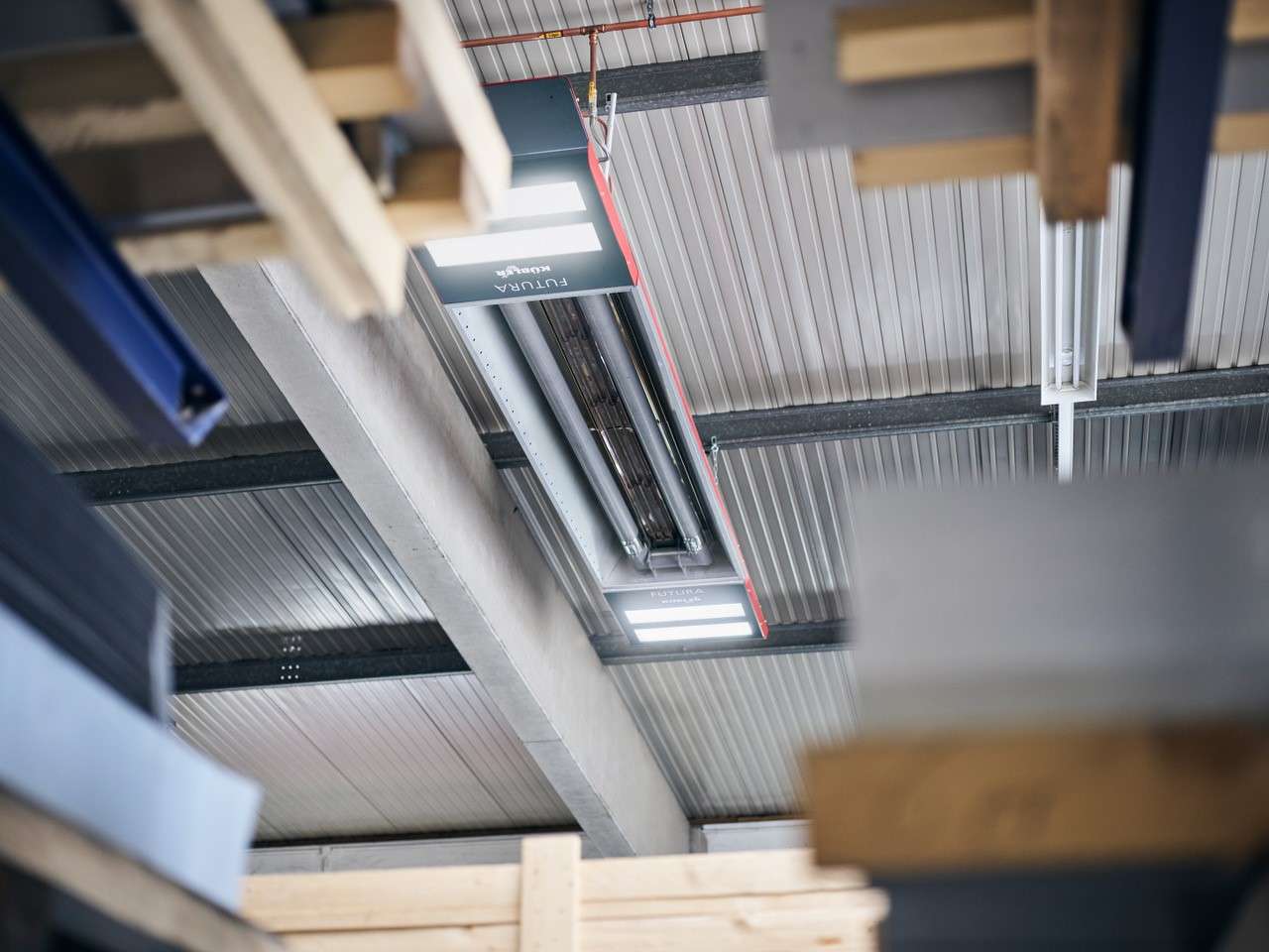 Industrial warehouse with skylight and metal construction.