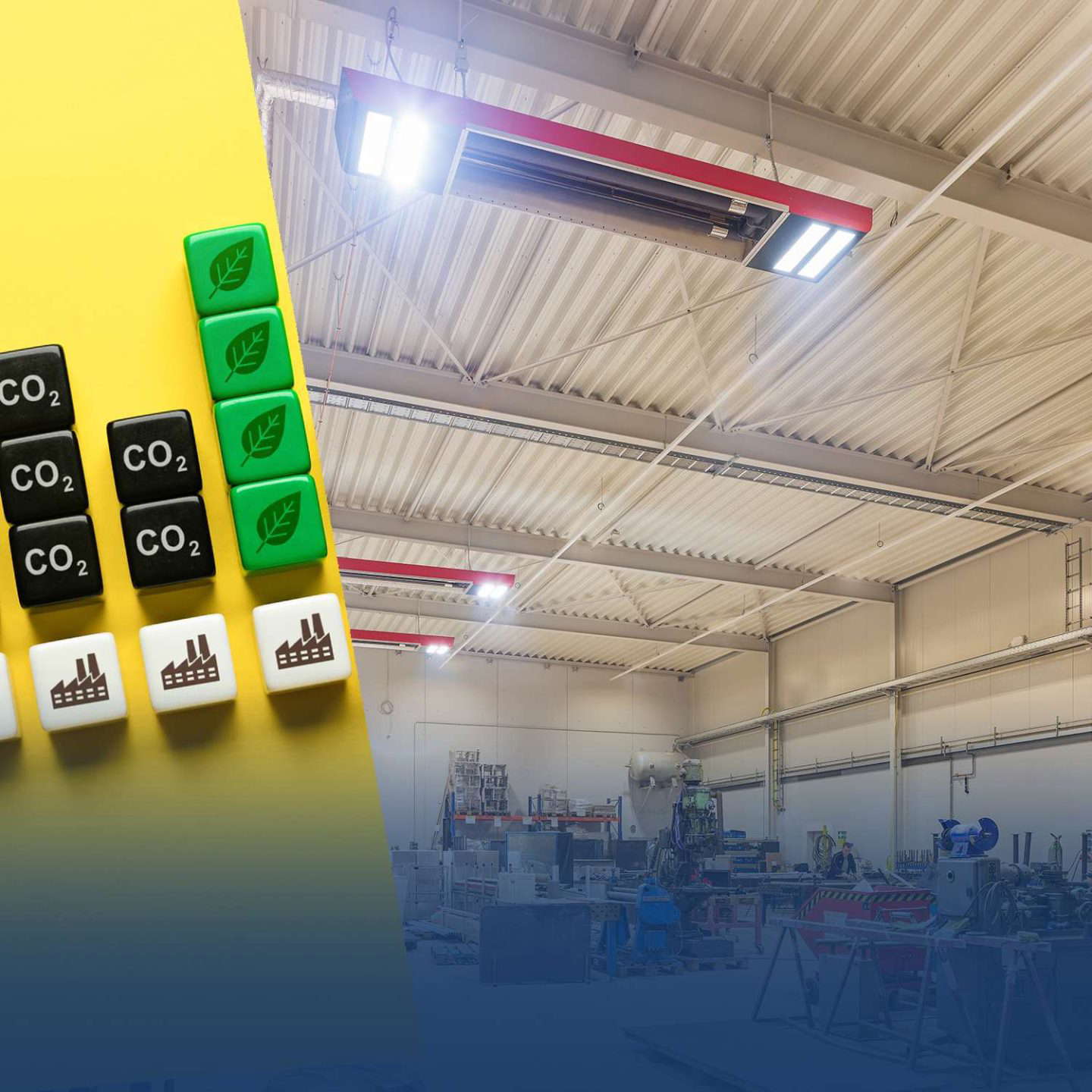 Fabrikhalle mit Symbolen für co2-Emissionen und Nachhaltigkeit