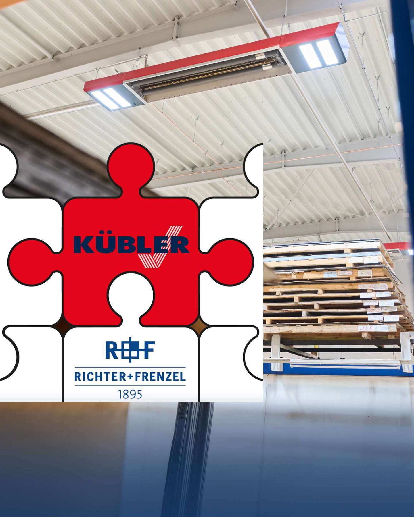 Teollisuusvarasto, jossa on yrityksen logoja palapelin päällä