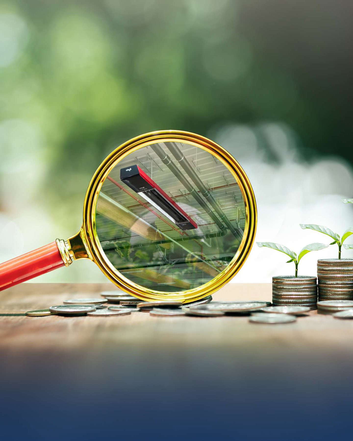 Nagyítóüveg mutatja a vonat és a növekvő érmék