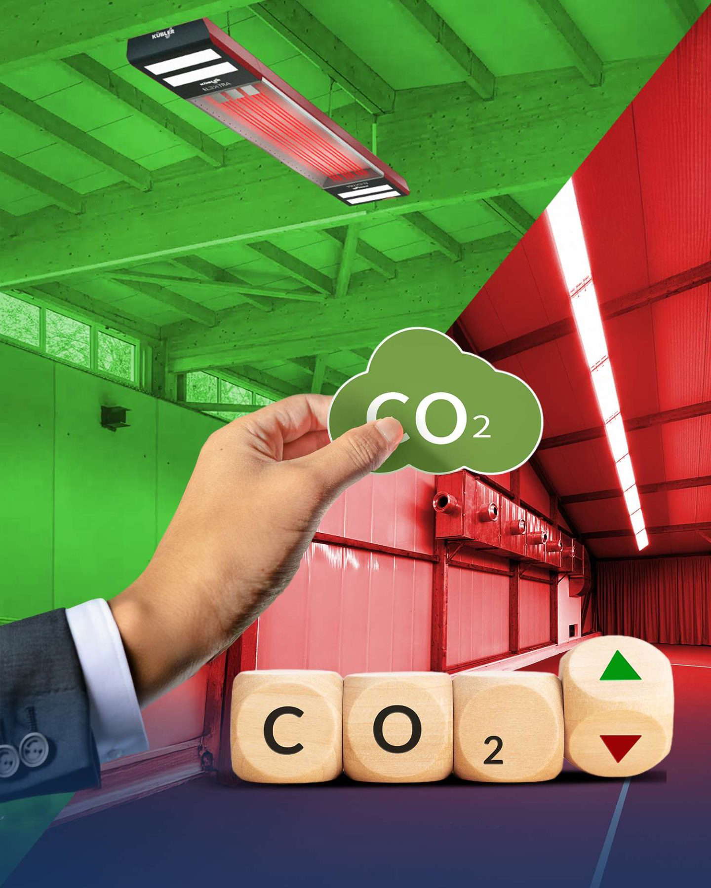 Kéz mutatja a CO2 szimbólumot az ipari csarnokban