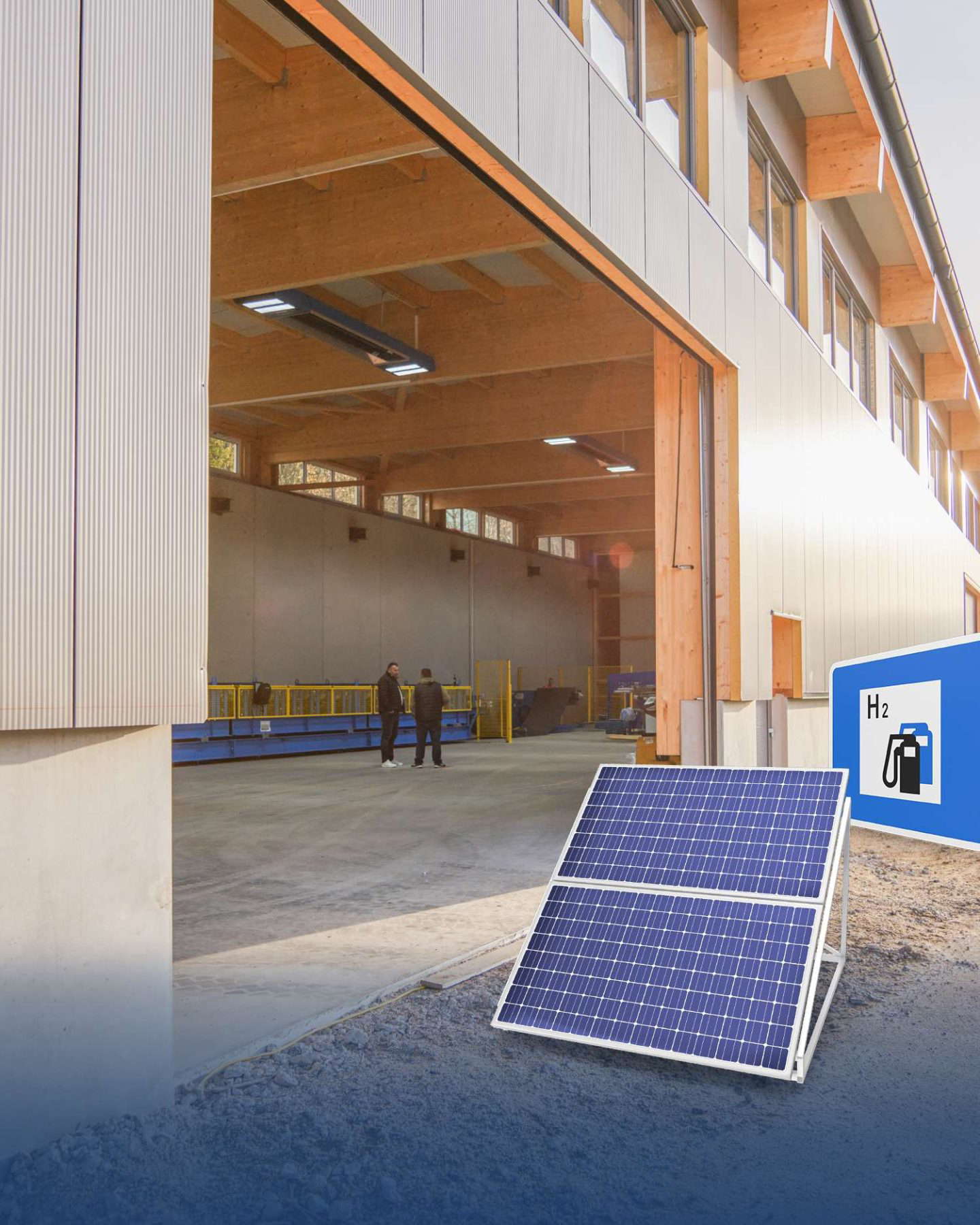 Ipari csarnok napelemmel és hidrogéntöltő állomással