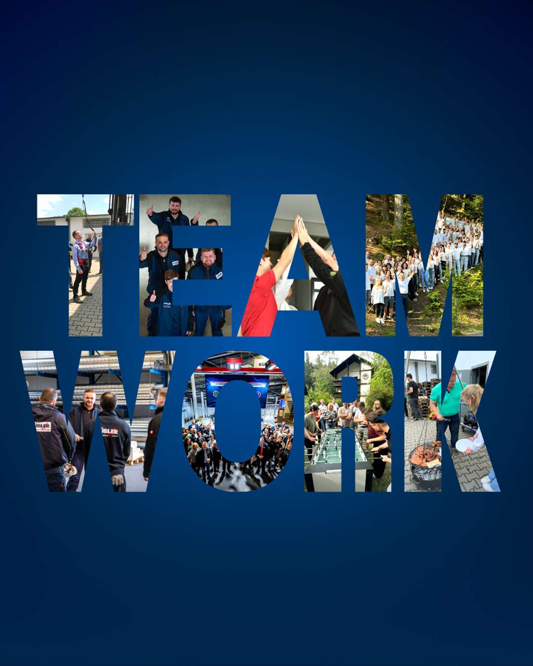 Kollaasi joukkueen tapahtumista isoilla kirjaimilla 'TEAMWORK'.