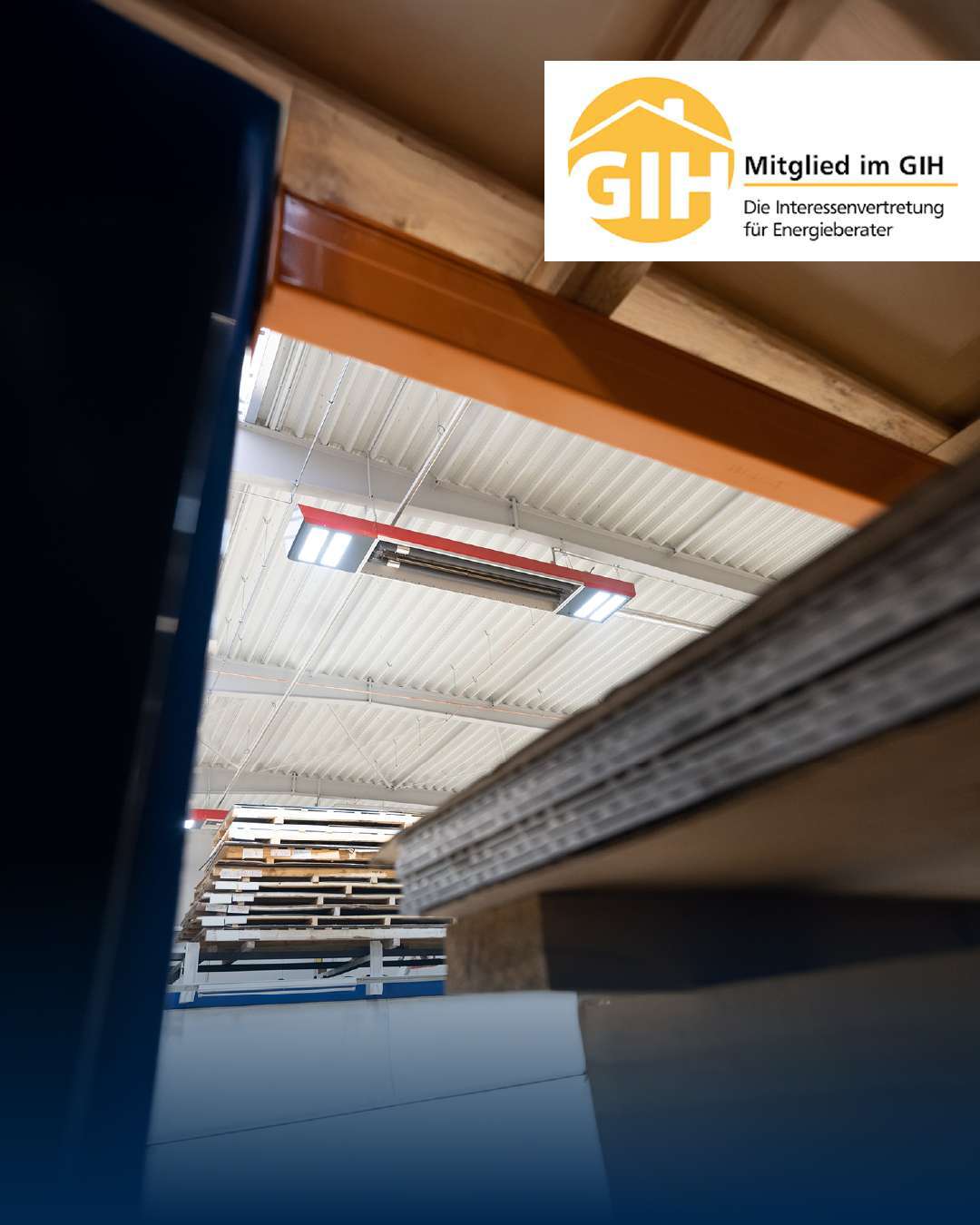 Interior view of a modern warehouse with lighting