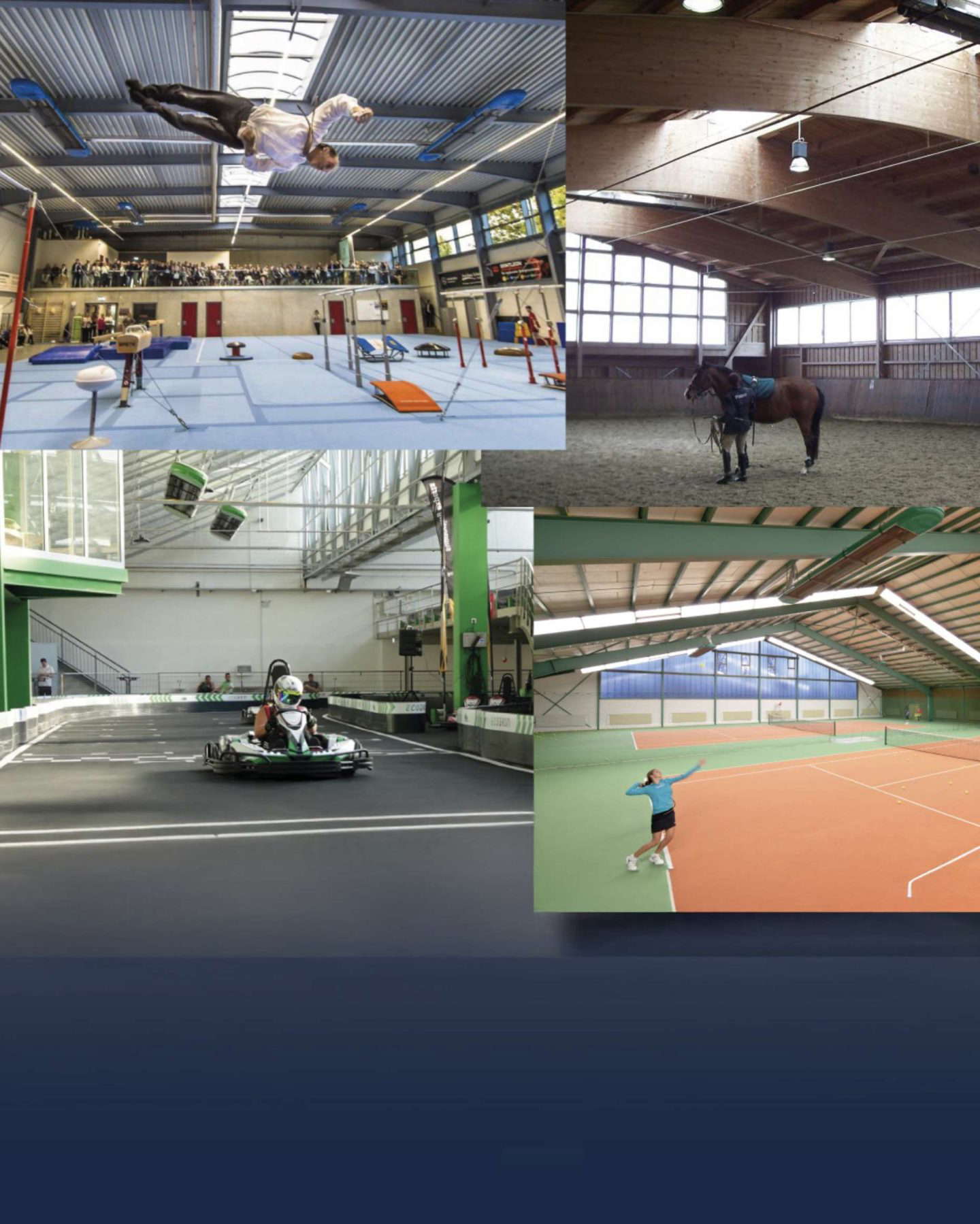 Forskellige indendørs sportsaktiviteter i moderne faciliteter