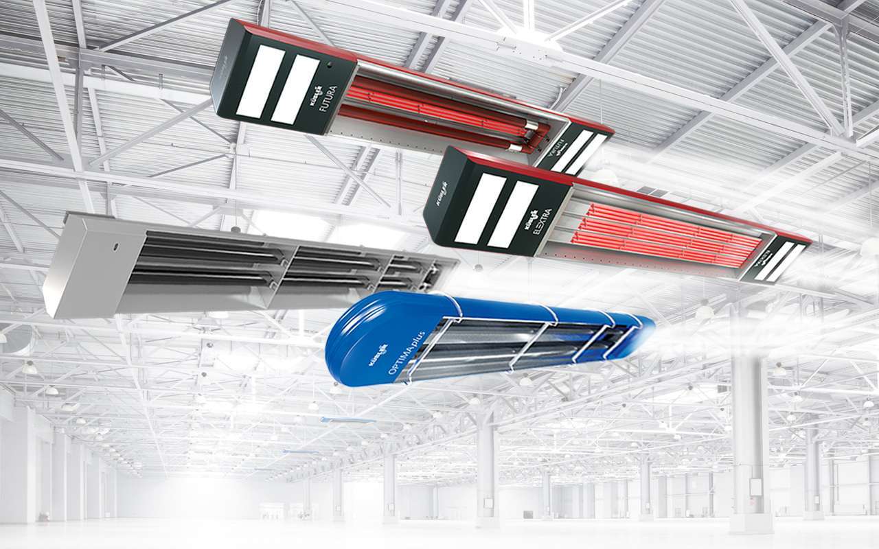 Helle Hallenumgebung mit den 4 KÜBLER Geräten: FUTURA, ELEXTRA, PRIMA und Optima plus. FUTURA und ELEXTRA sind rot, PRIMA silber und die OPTIMA plus blau.