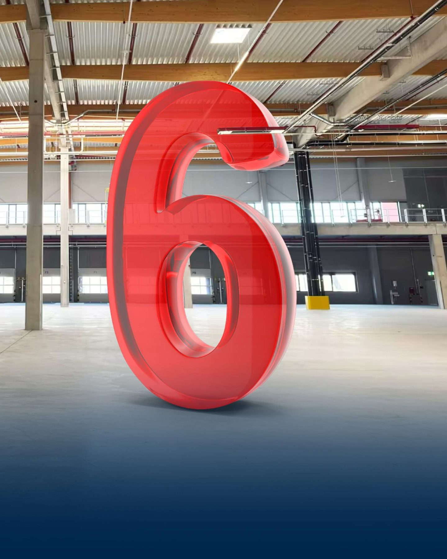 Rote Zahl Sechs in einer Halle