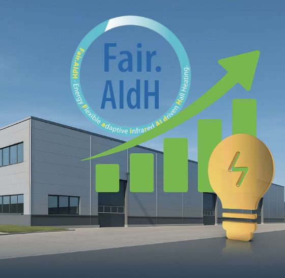 Moderne Firmengebäude mit Energieeffizienz-Grafik