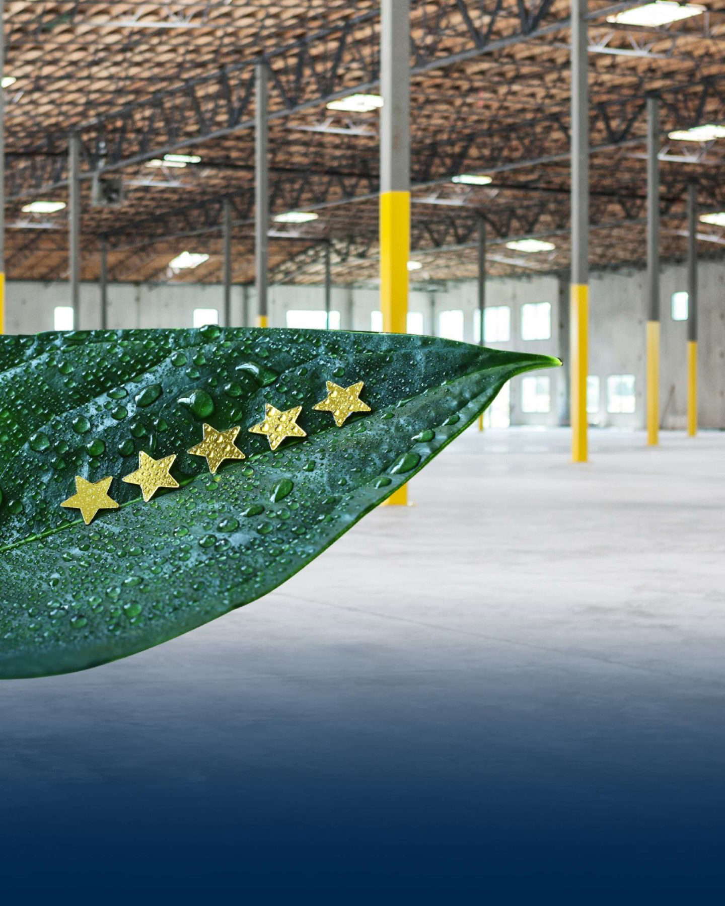 Nachhaltige Industriehalle mit grünem Blatt und Sternen