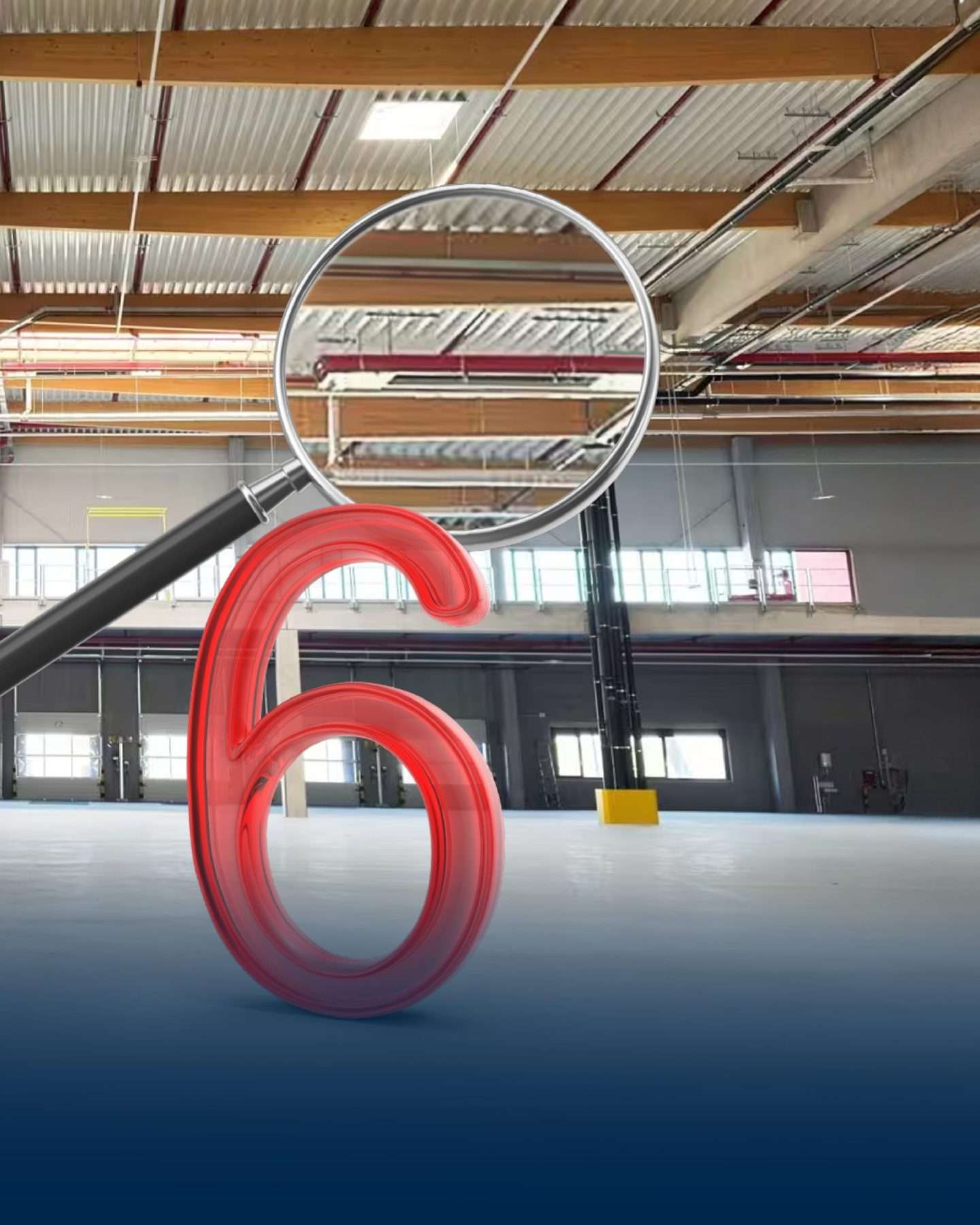 Rote Zahl sechs mit Lupe in Industriehalle