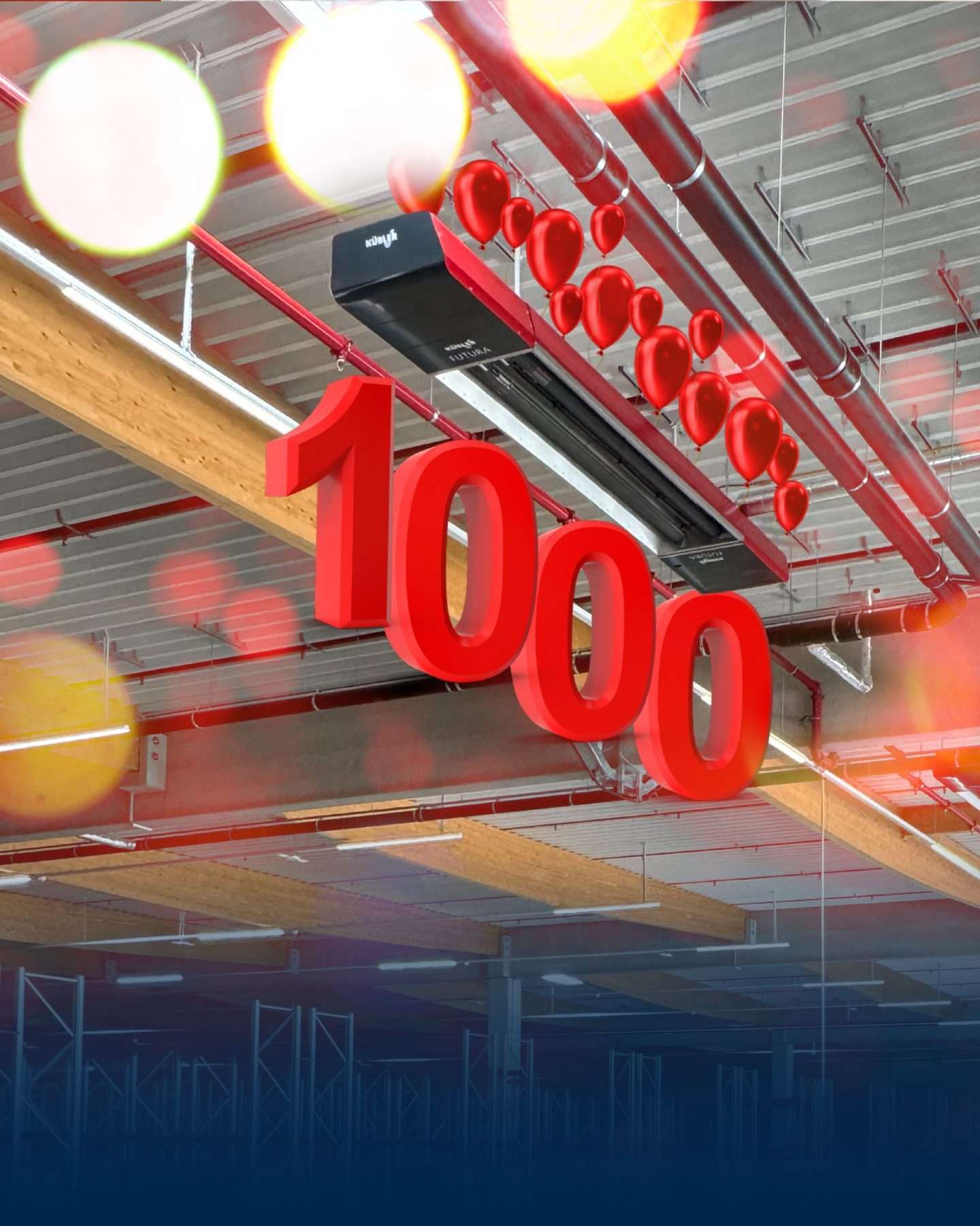 Rote Zahl 1000 mit Ballons in Lagerhalle