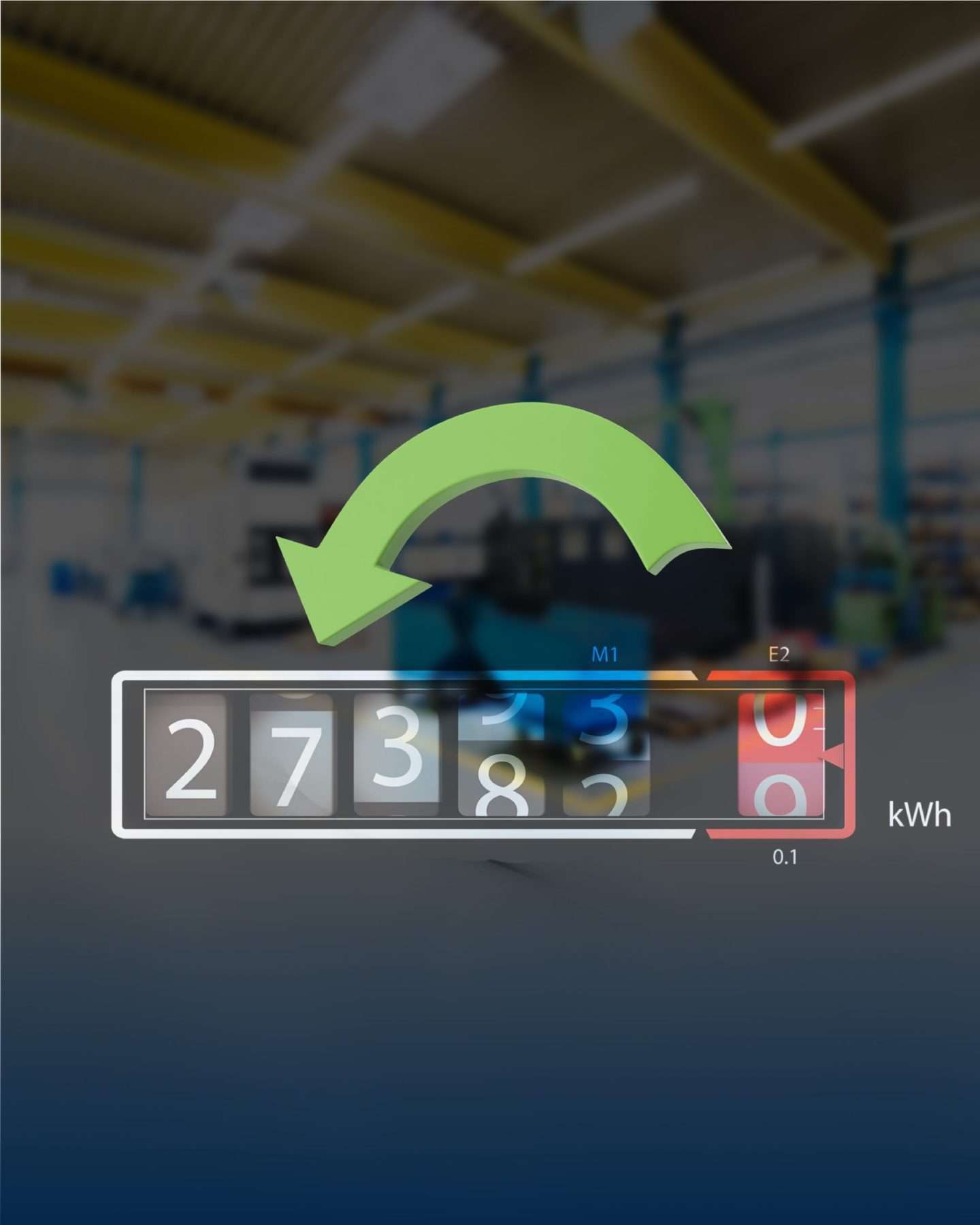 Digitaler Stromzähler mit grünem Pfeil in Fabrikumgebung