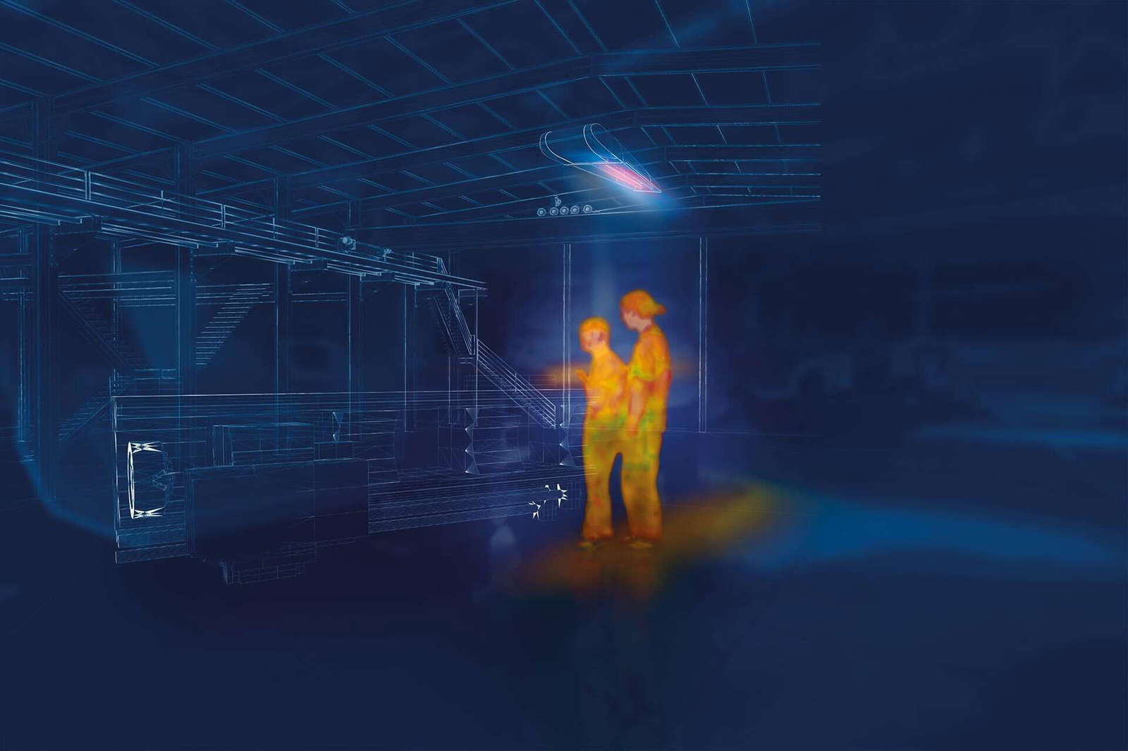 Wärmebildaufnahme von zwei Personen in Industriehalle